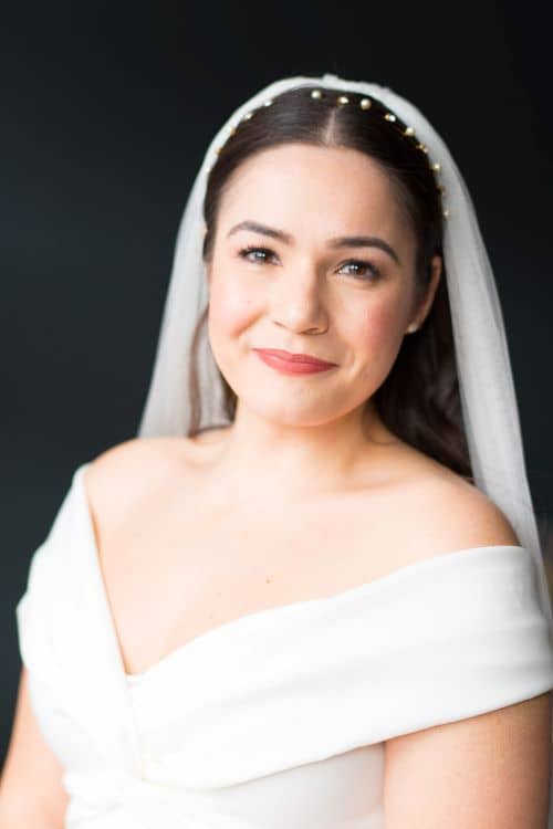 Natural bridal makeup look with sleek hair down veil with pearl headband