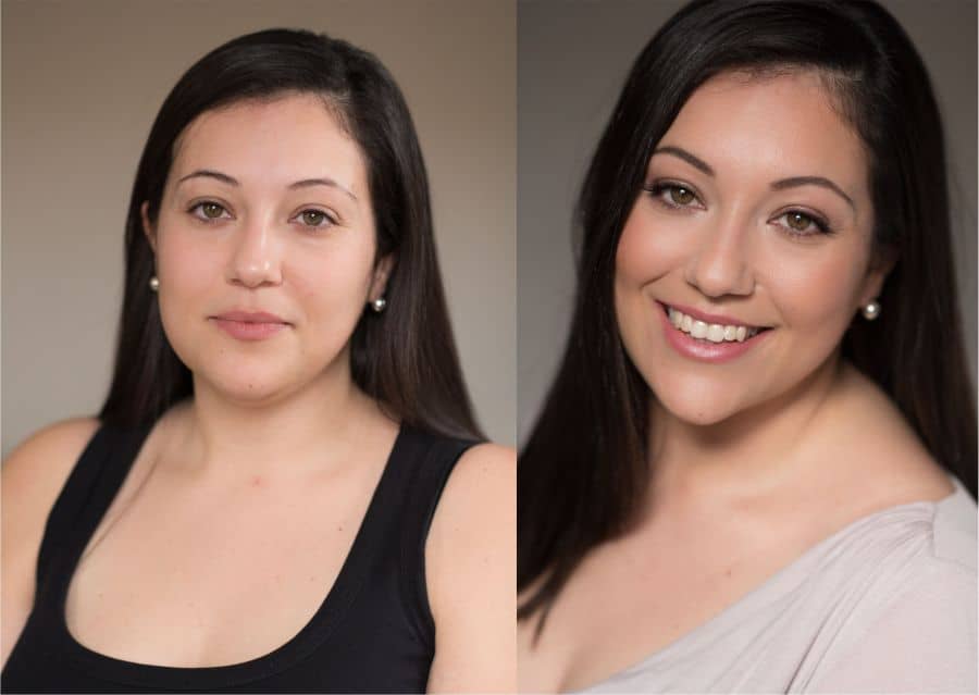 Professional portrait of a woman with natural makeup look before -and-after-transformation