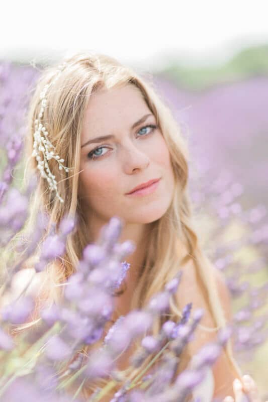 Romantic bridal makeup look in lavender field