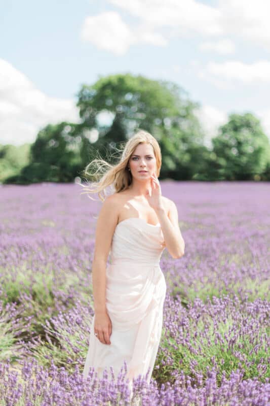 Romantic bridal makeup look in lavender field