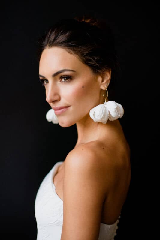 White -modern-bridal-earrings - wedding -dress- bride chic-makeup -morgan-davies-bridal shop-natural wedding-makeup-look