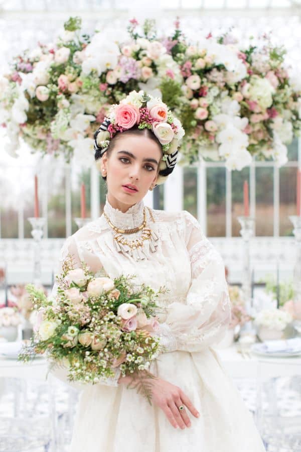 "Bride wearing fresh flower crown and a vintage dress Horniman museum wedding. natural makeup look for a wedding"